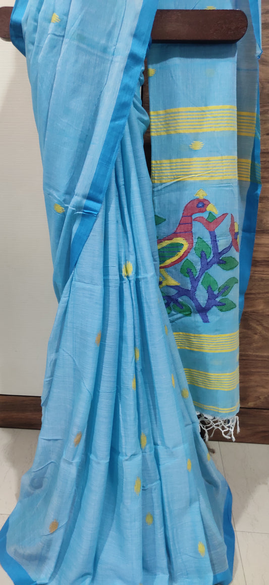 Sky Blue shaded handspun Pure Muslin Cotton handloom Jamdani