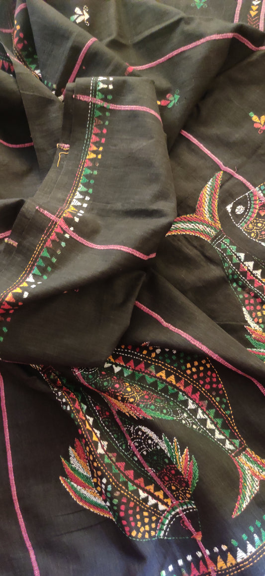 Exclusive Kantha Stitch Done Black Khesh Cotton  Saree