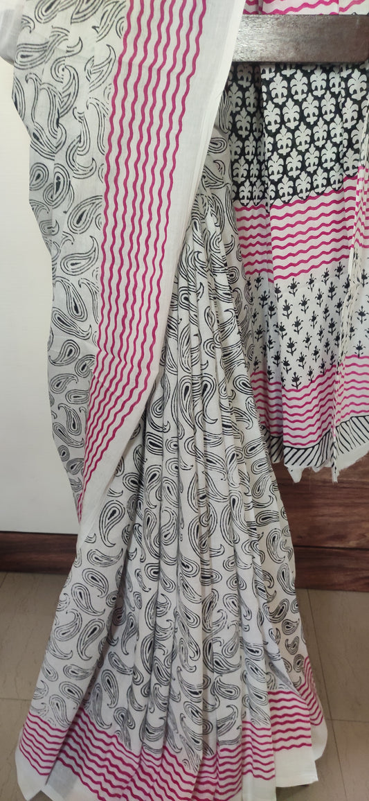 Floral Hand Block Printed Soft cotton Saree
