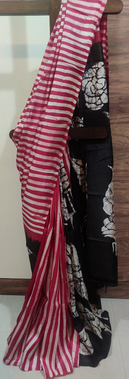 Red Rose Hand Batik Pure Silk Saree