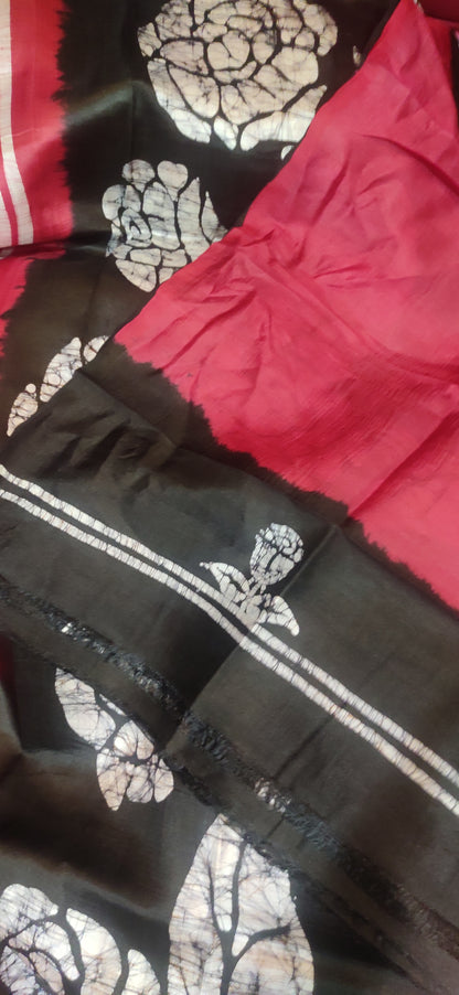 Red Rose Hand Batik Pure Silk Saree
