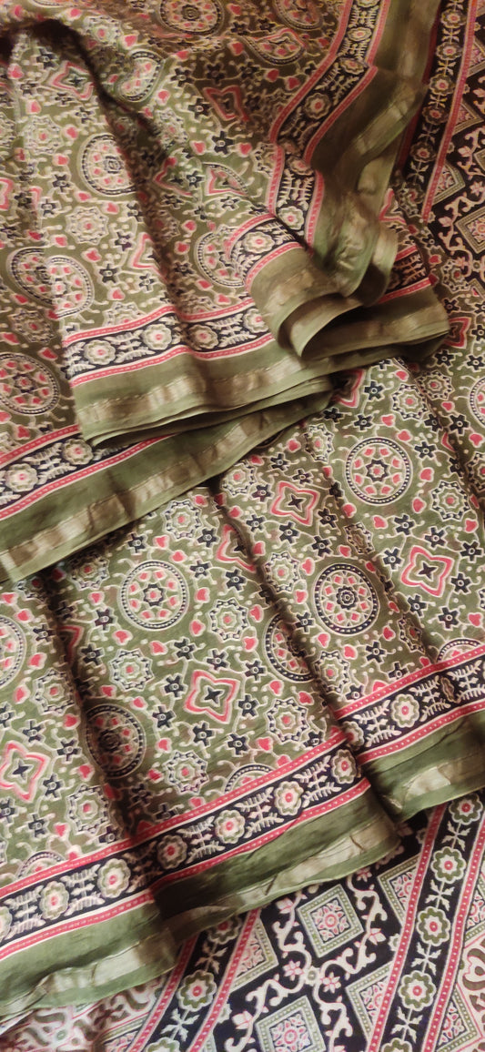 Green Chanderi Silk Cotton Hand Block Printed  Saree