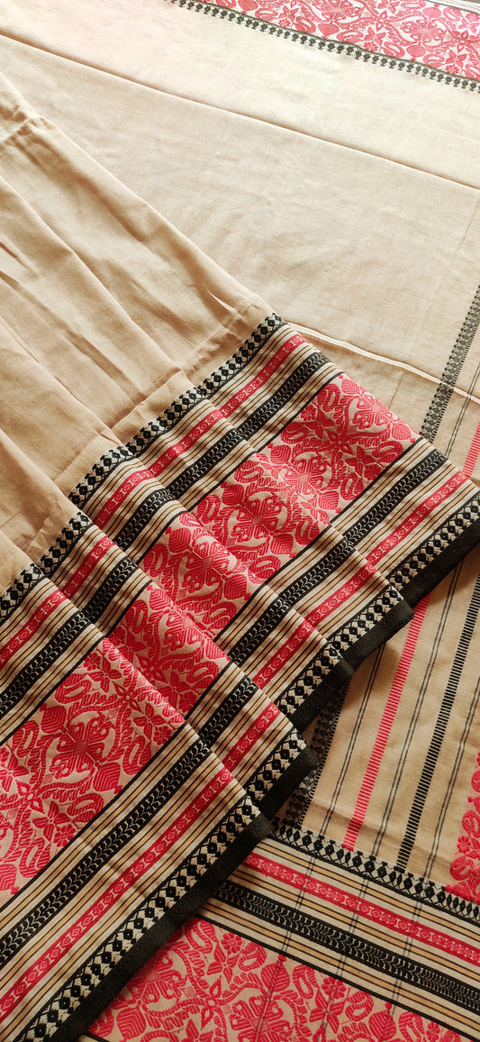 Pure Cotton Soft Begampuri Style  Beige-Red Handloom Saree
