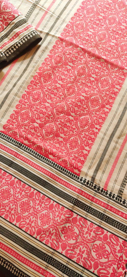 Pure Cotton Soft Begampuri Style  Beige-Red Handloom Saree
