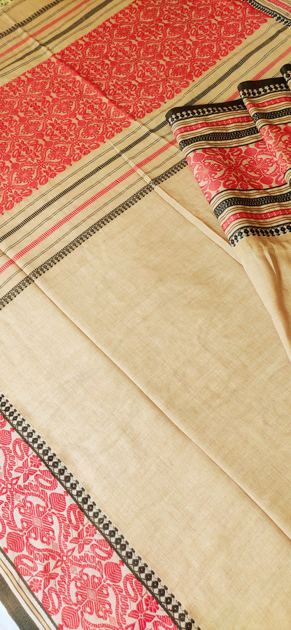Pure Cotton Soft Begampuri Style  Beige-Red Handloom Saree
