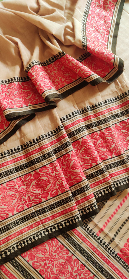 Pure Cotton Soft Begampuri Style  Beige-Red Handloom Saree