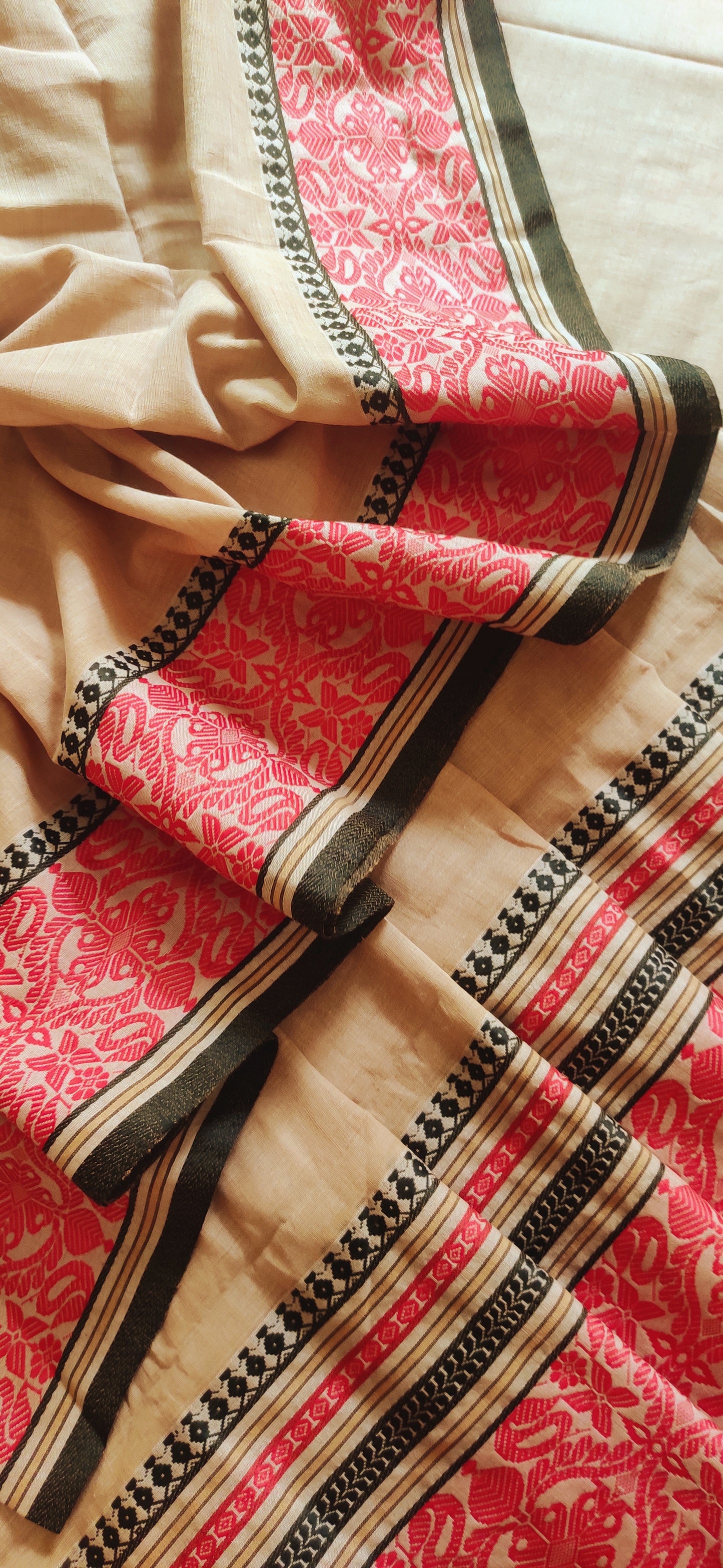 Pure Cotton Soft Begampuri Style  Beige-Red Handloom Saree