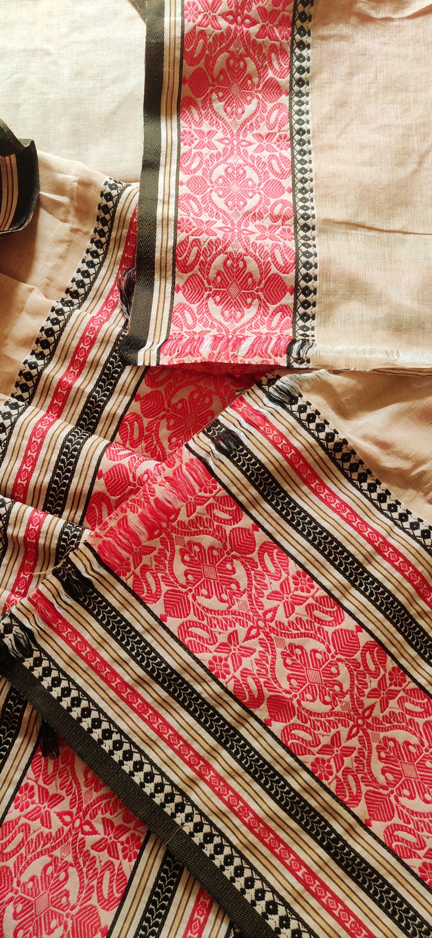 Pure Cotton Soft Begampuri Style  Beige-Red Handloom Saree