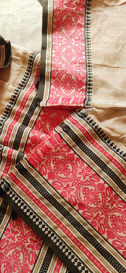 Pure Cotton Soft Begampuri Style  Beige-Red Handloom Saree