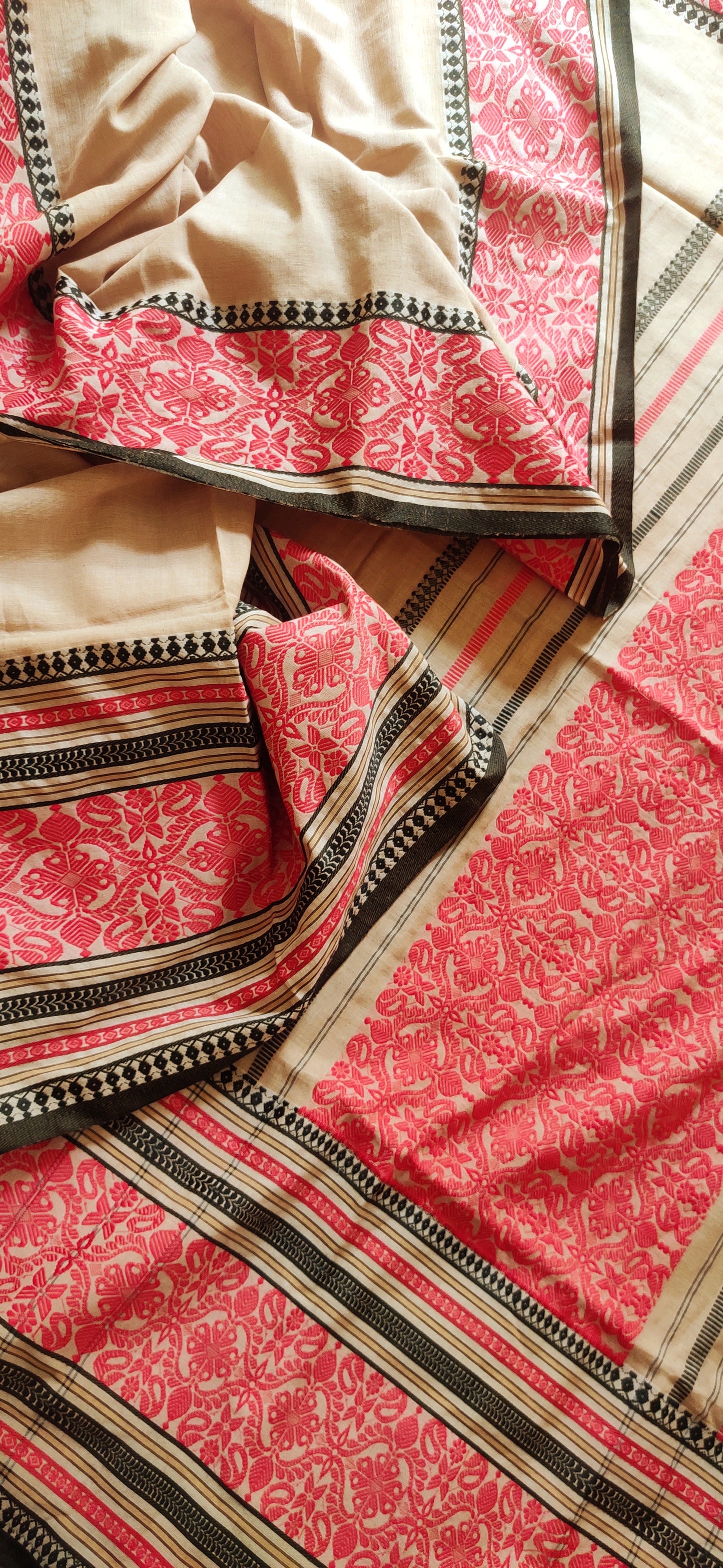 Pure Cotton Soft Begampuri Style  Beige-Red Handloom Saree