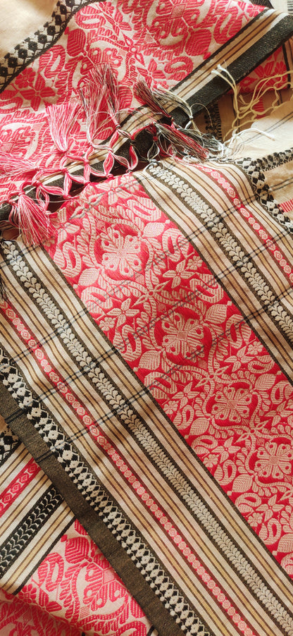Pure Cotton Soft Begampuri Style  Beige-Red Handloom Saree