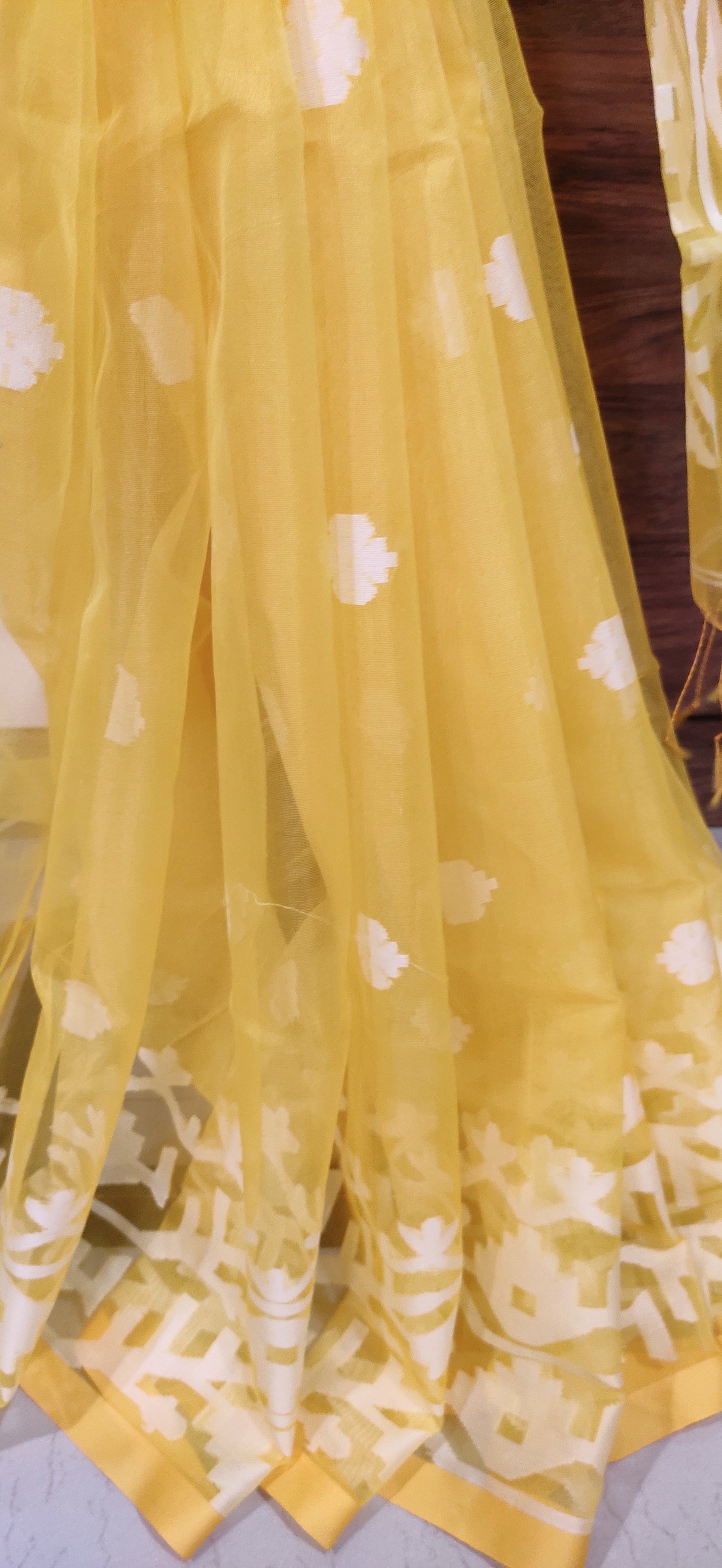 Yellow Karat Muslin Jamdani Saree