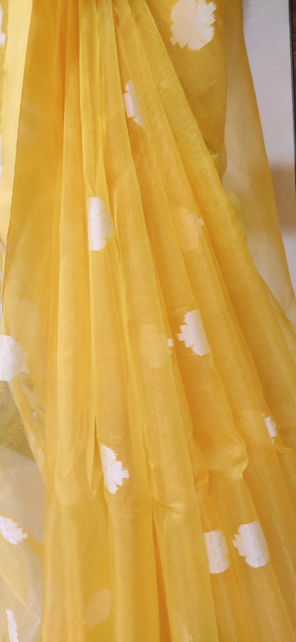 Yellow Karat Muslin Jamdani Saree