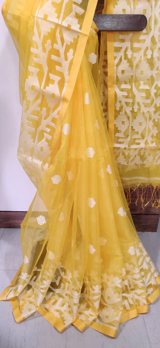 Yellow Karat Muslin Jamdani Saree