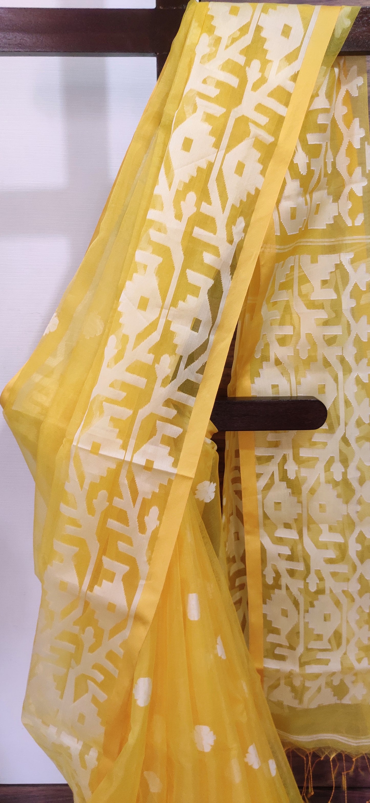Yellow Karat Muslin Jamdani Saree