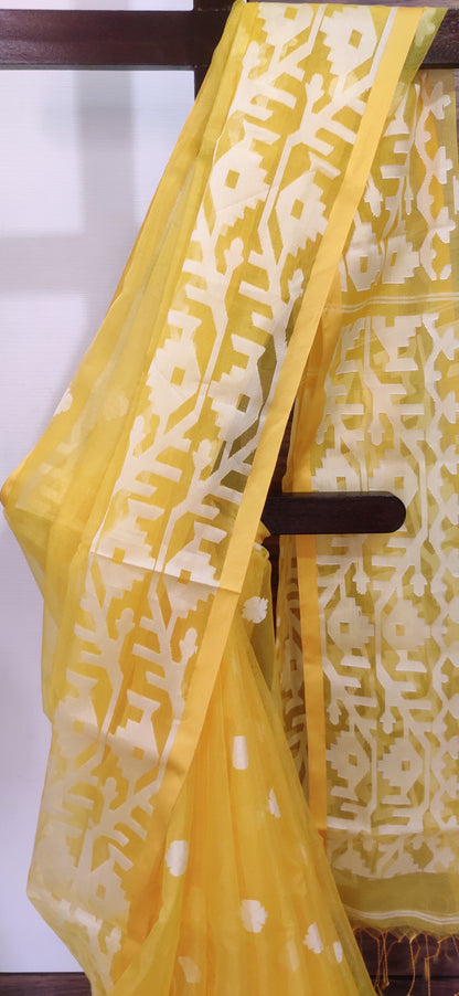 Yellow Karat Muslin Jamdani Saree