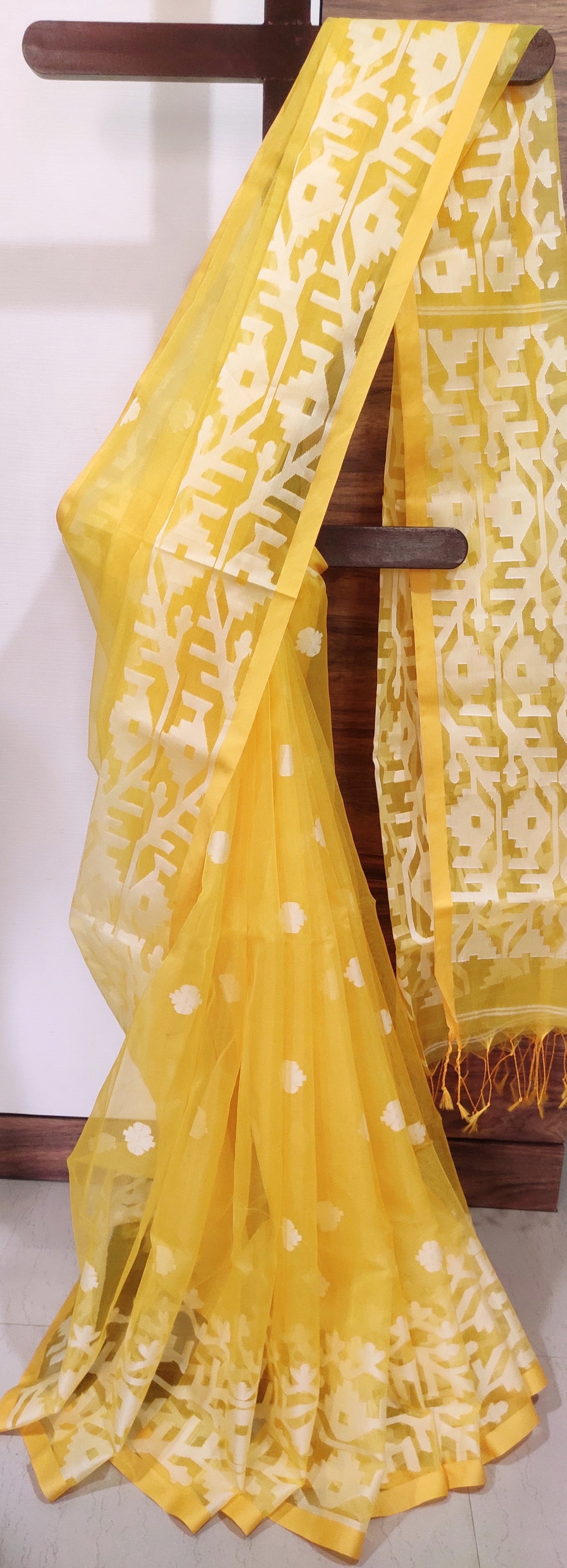 Yellow Karat Muslin Jamdani Saree