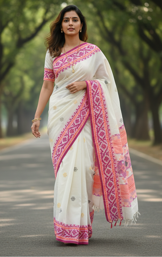 Prisha – Artistic Off-White Cotton Saree
