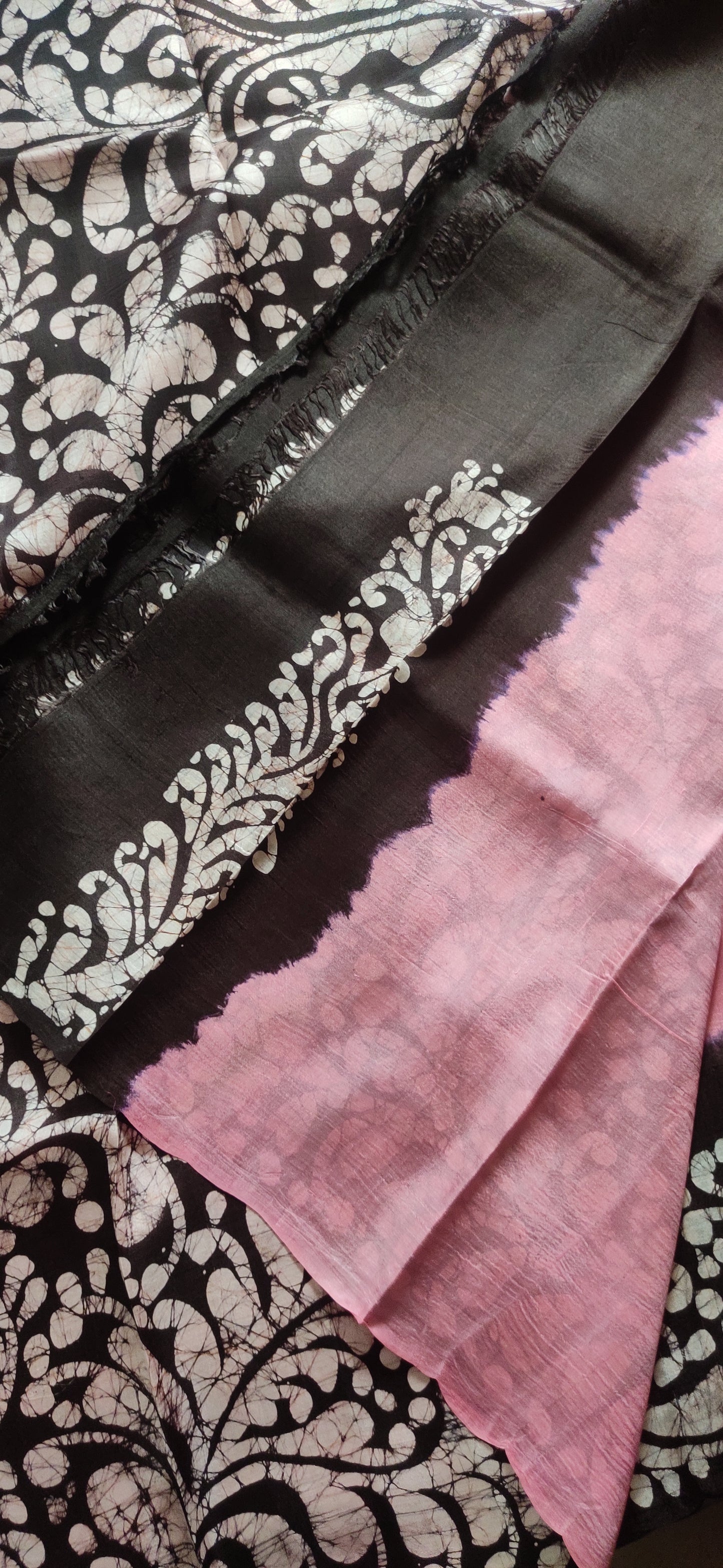 Pink hand Batik Pure Silk Saree having beautifully drawn black border