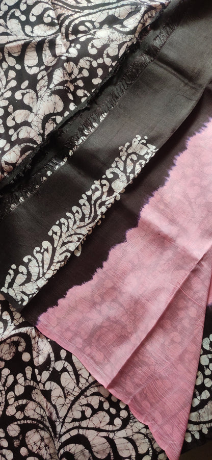Pink hand Batik Pure Silk Saree having beautifully drawn black border