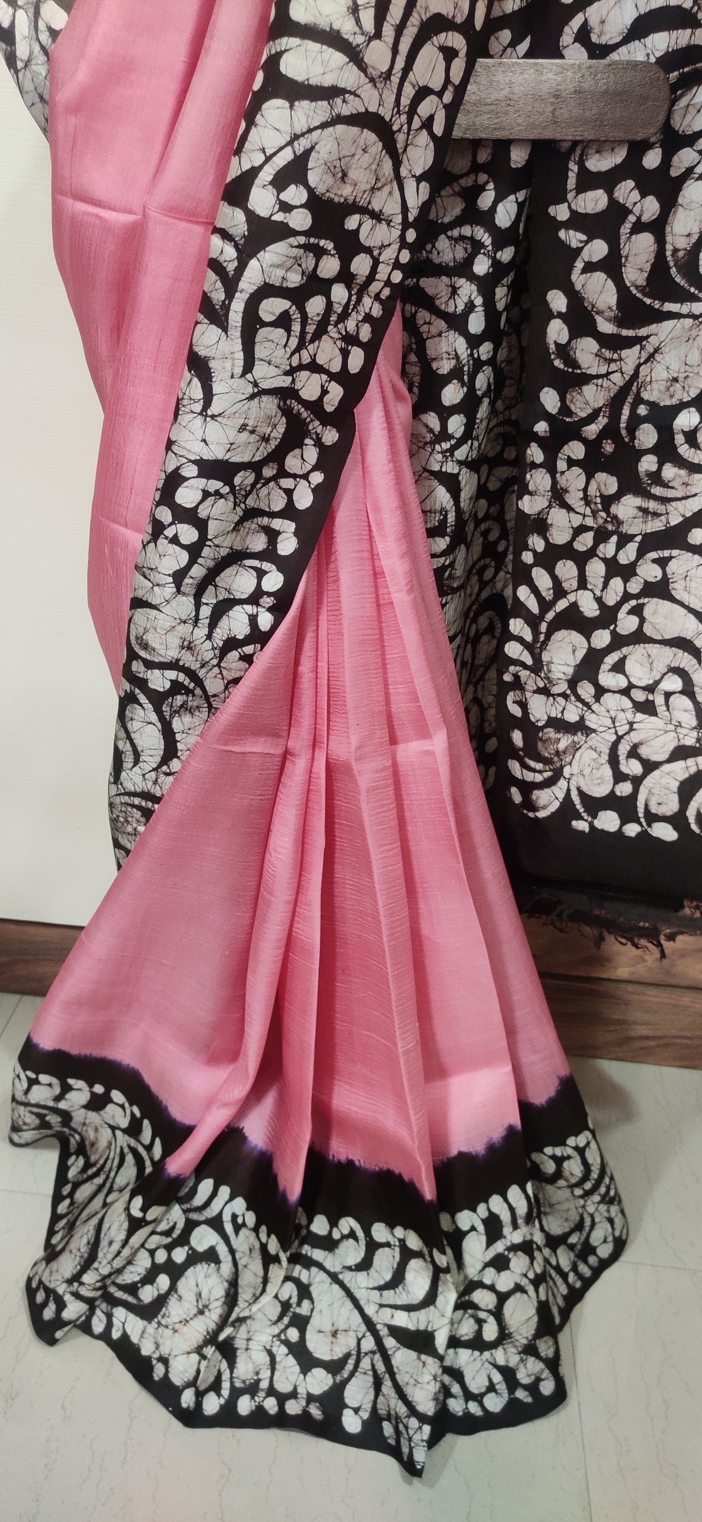 Pink hand Batik Pure Silk Saree having beautifully drawn black border