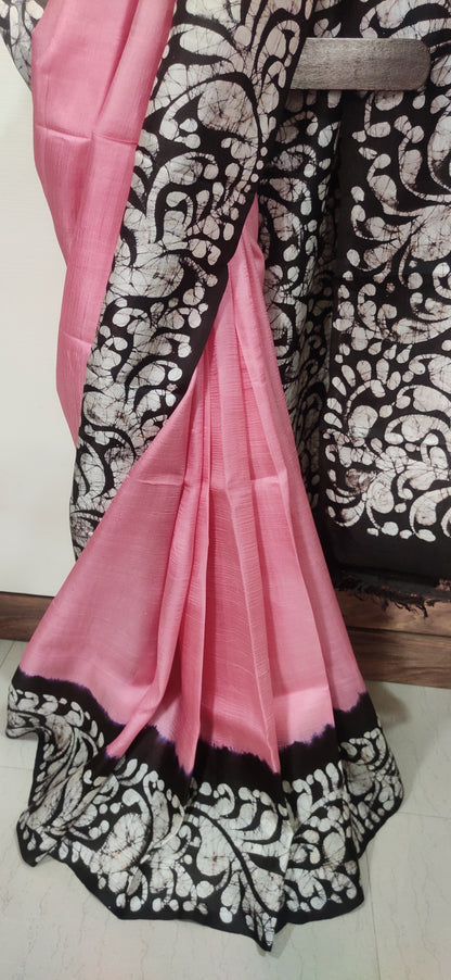 Pink hand Batik Pure Silk Saree having beautifully drawn black border