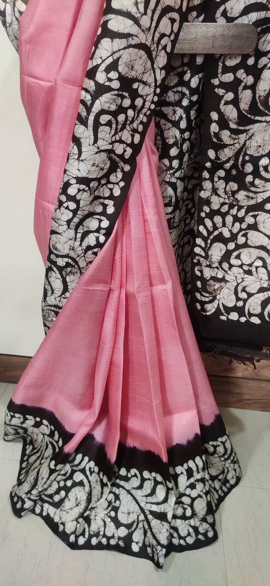 Pink hand Batik Pure Silk Saree having beautifully drawn black border