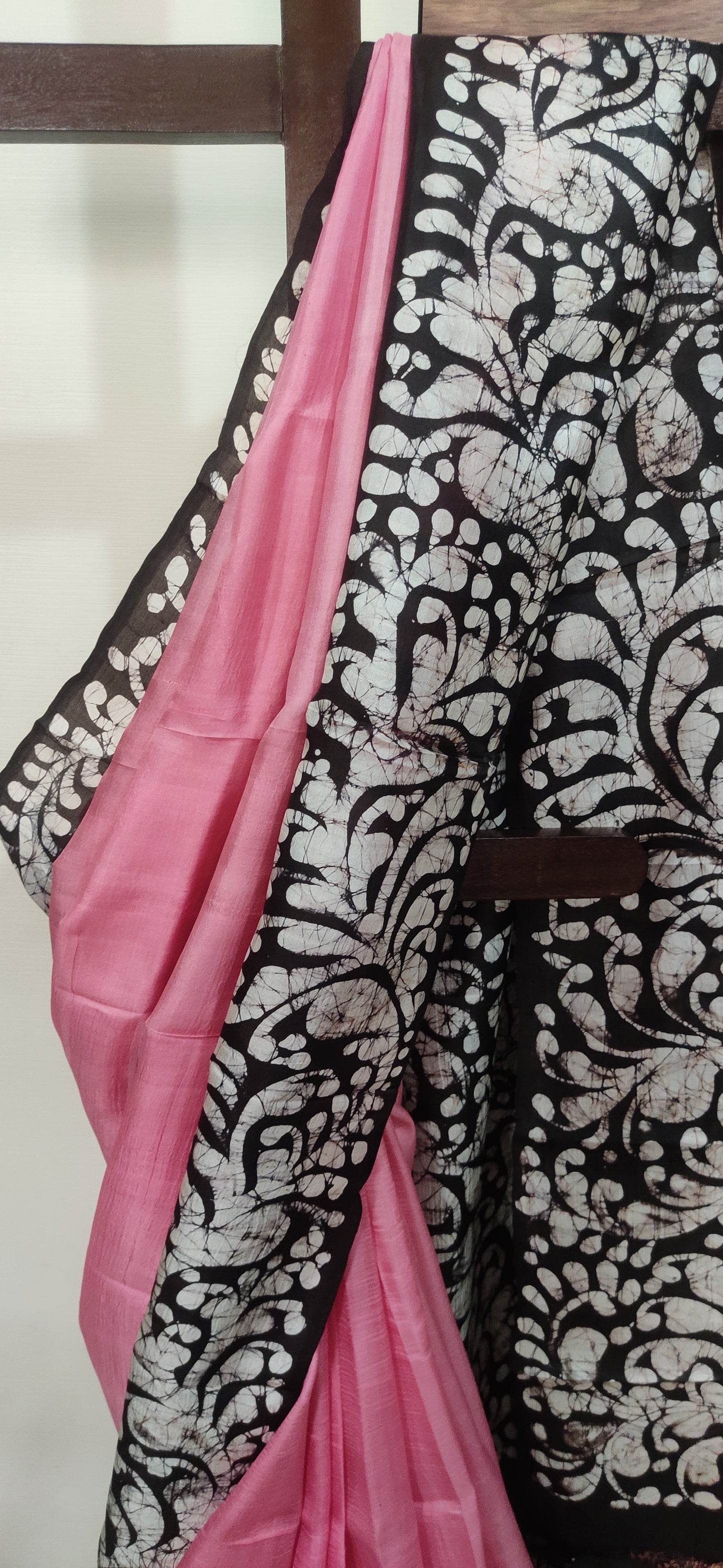 Pink hand Batik Pure Silk Saree having beautifully drawn black border