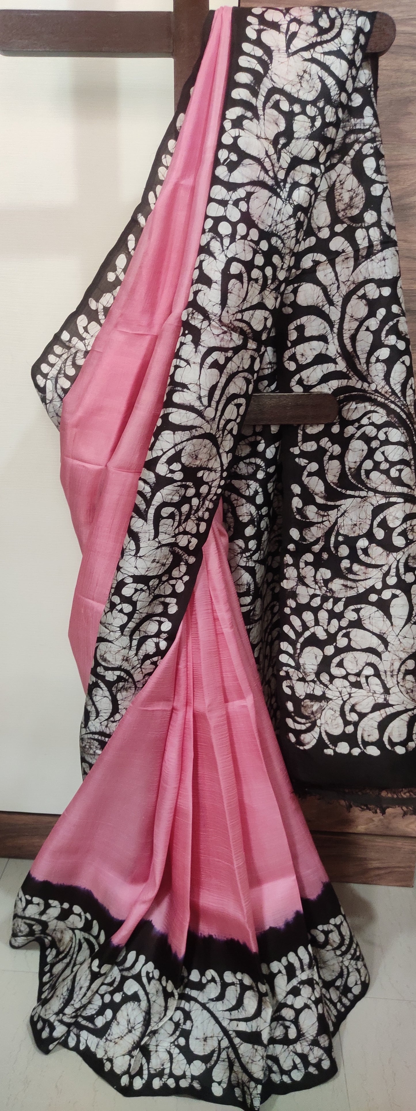 Pink hand Batik Pure Silk Saree having beautifully drawn black border