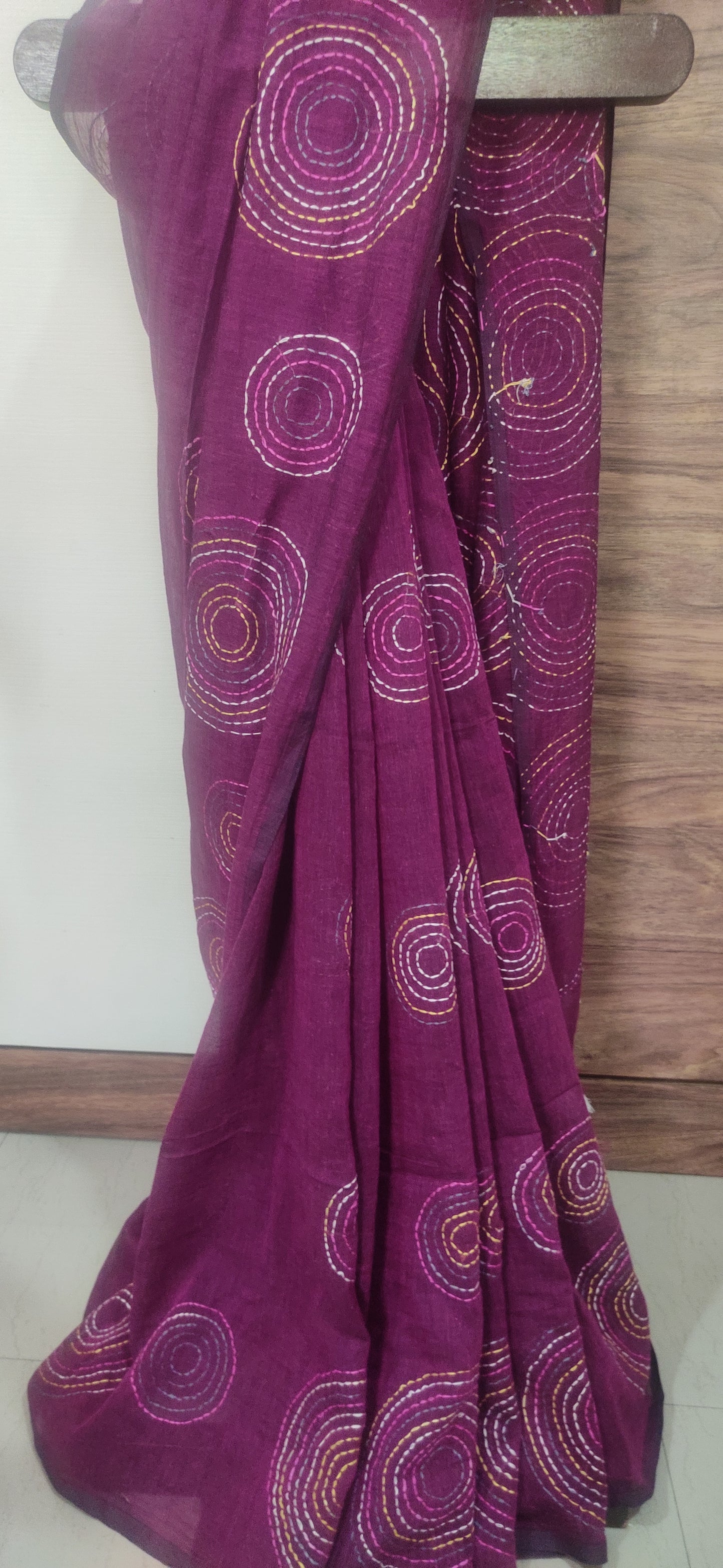 Katha – Deep Maroon Kantha Mulmul Saree