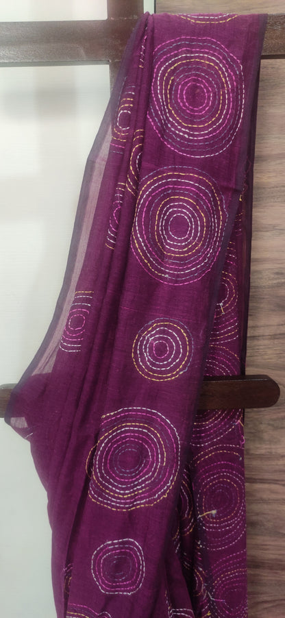 Katha – Deep Maroon Kantha Mulmul Saree