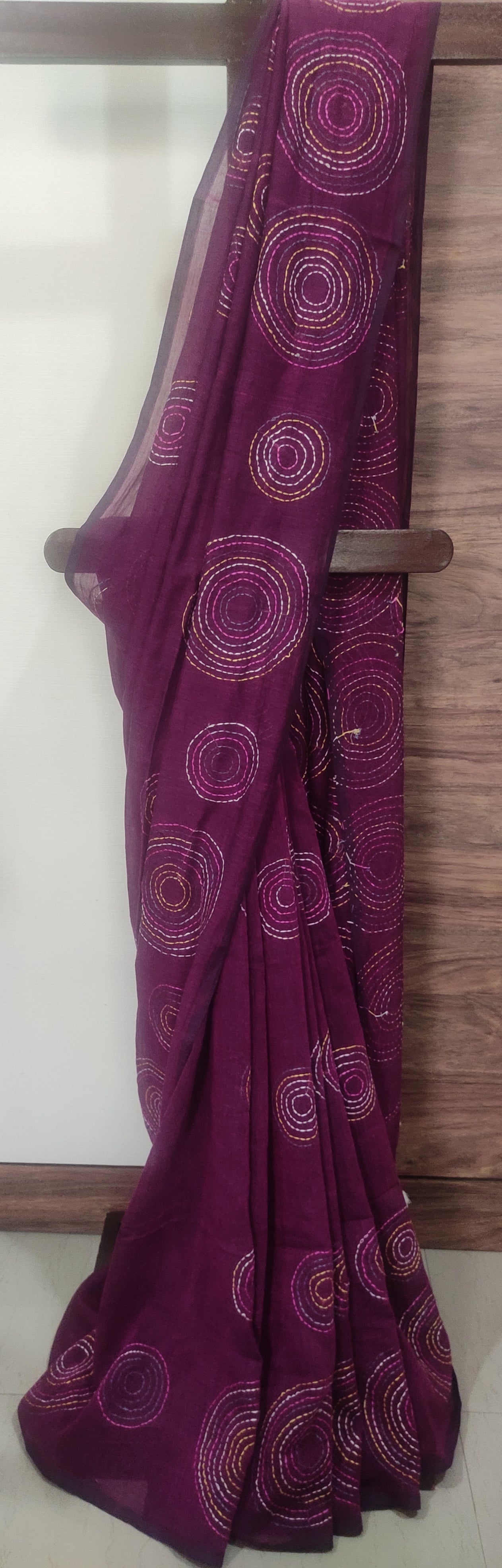 Katha – Deep Maroon Kantha Mulmul Saree