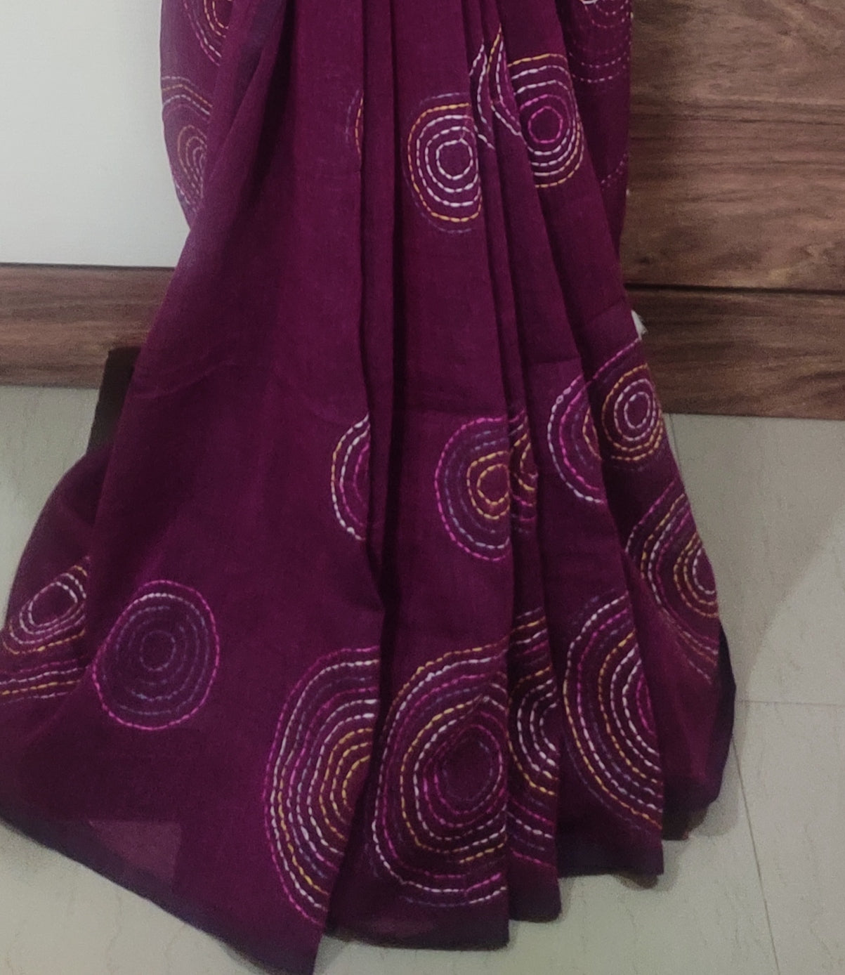 Katha – Deep Maroon Kantha Mulmul Saree