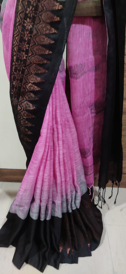 Pink Linen Ikkat blended zari worked black border done Saree