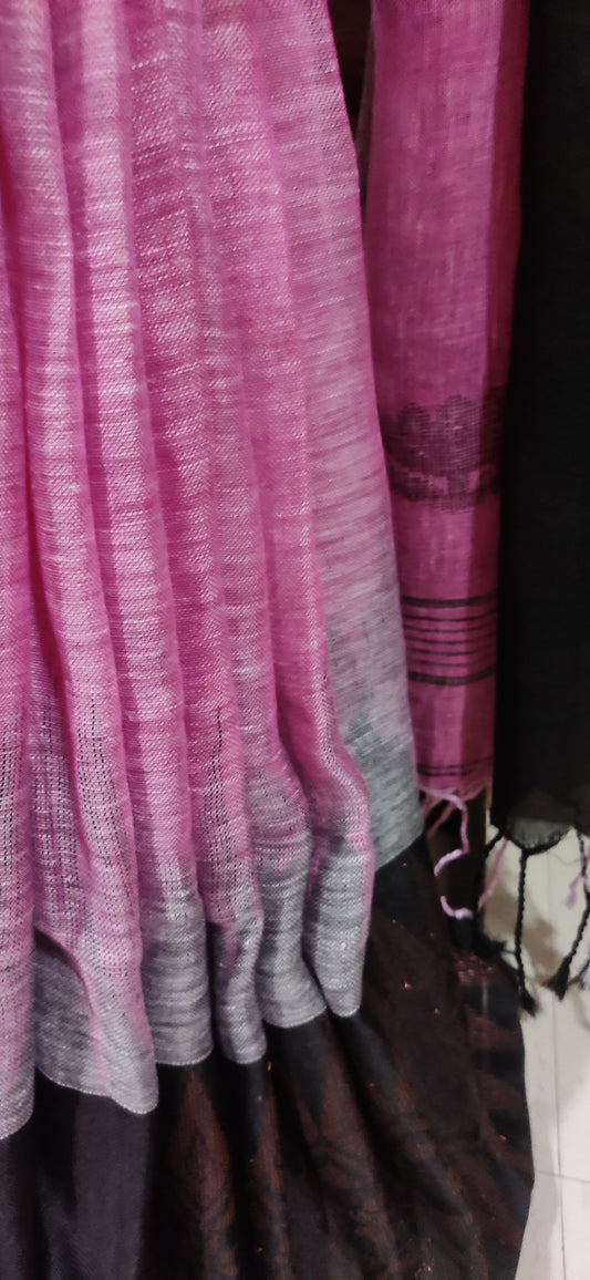 Pink Linen Ikkat blended zari worked black border done Saree