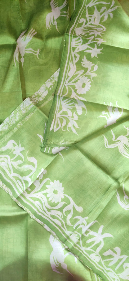 Flying Bird Light Green Hand Batik Pure Silk Saree