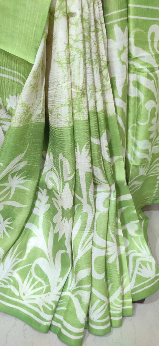 Flying Bird Light Green Hand Batik Pure Silk Saree