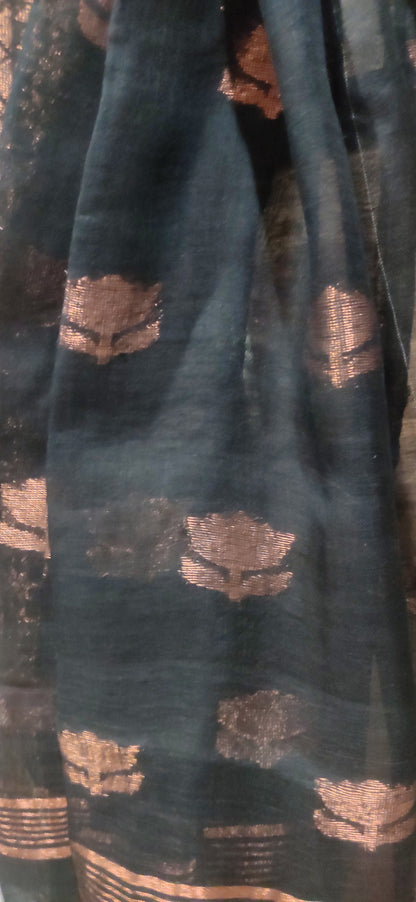 Rust Linen Ikkat blended zari worked black border done Saree