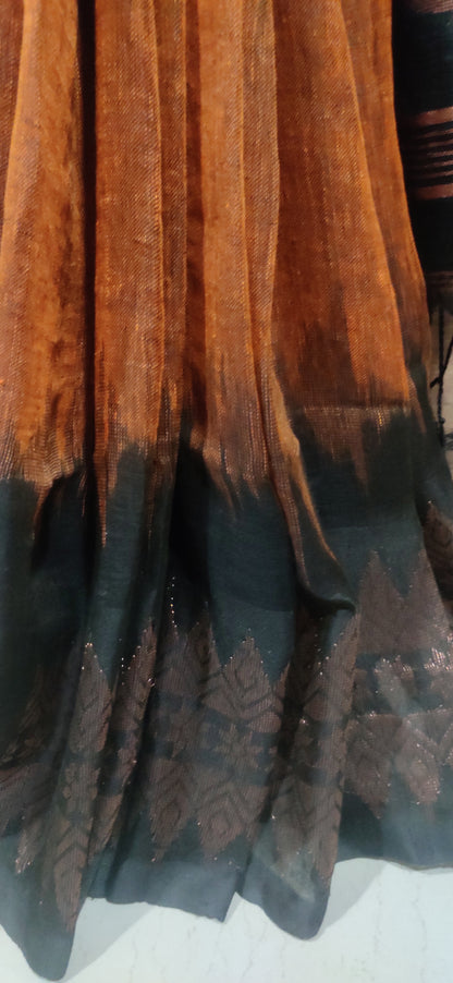 Rust Linen Ikkat blended zari worked black border done Saree