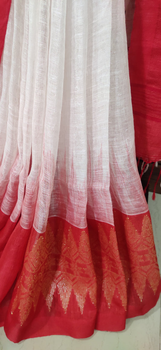White Linen Ikkat blended zari worked red border done Saree