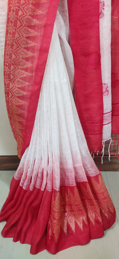 White Linen Ikkat blended zari worked red border done Saree