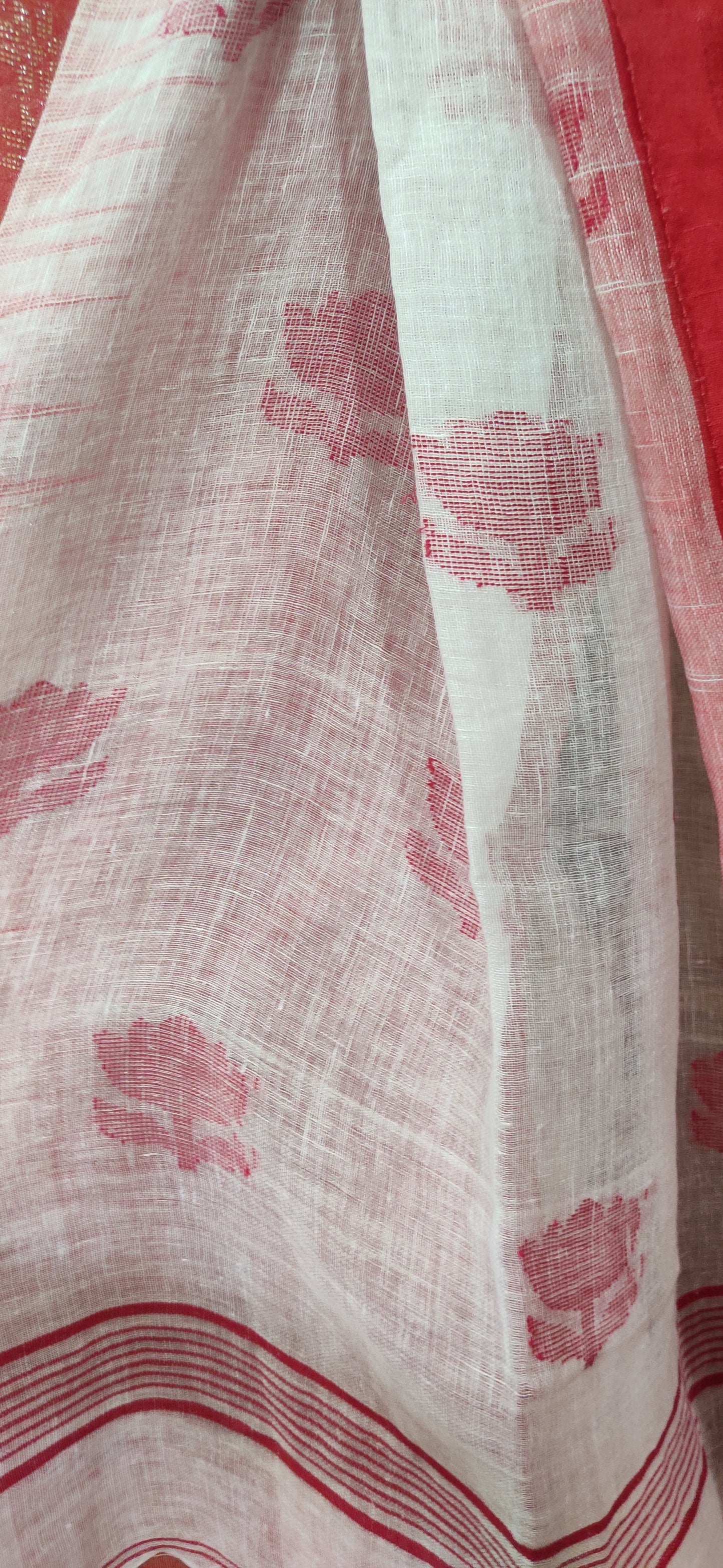 White Linen Ikkat blended zari worked red border done Saree