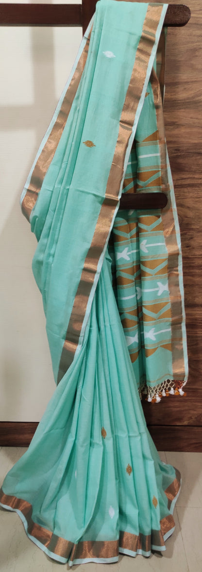 Anvika – Mint Zari Glow Cotton Handloom Saree