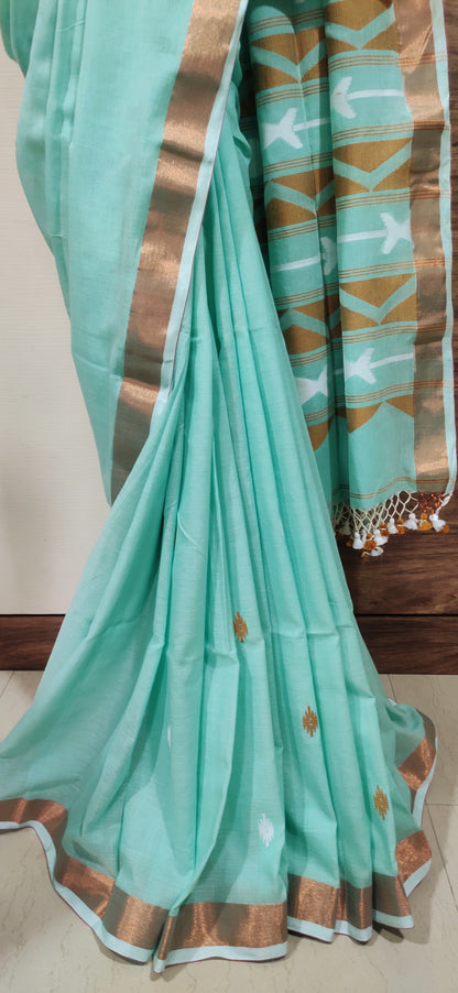 Anvika – Mint Zari Glow Cotton Handloom Saree