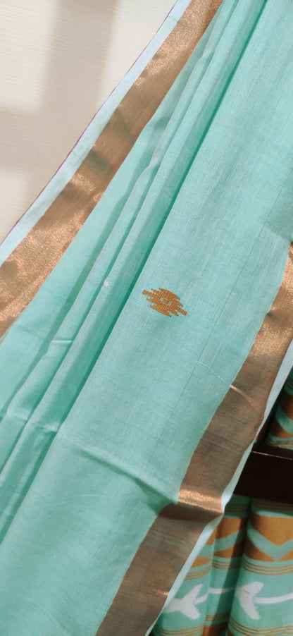 Anvika – Mint Zari Glow Cotton Handloom Saree
