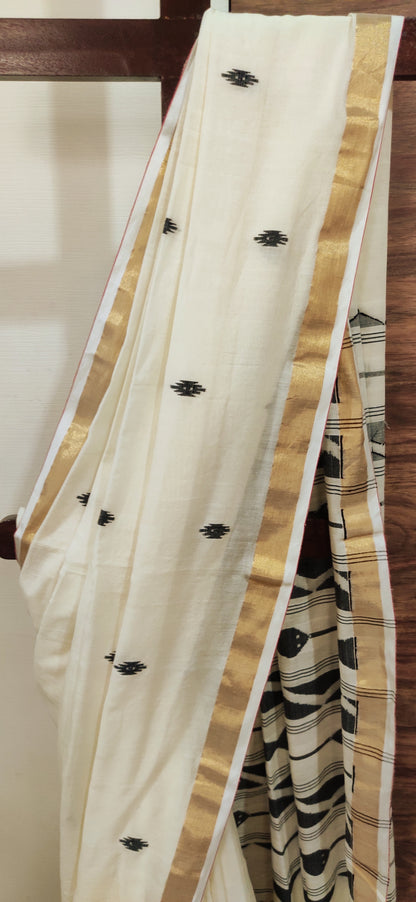 Anvika – Ivory Noir Weave Cotton Handloom Saree
