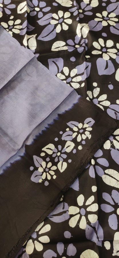 Floral Sandy Blue Hand Batik Pure Silk Saree