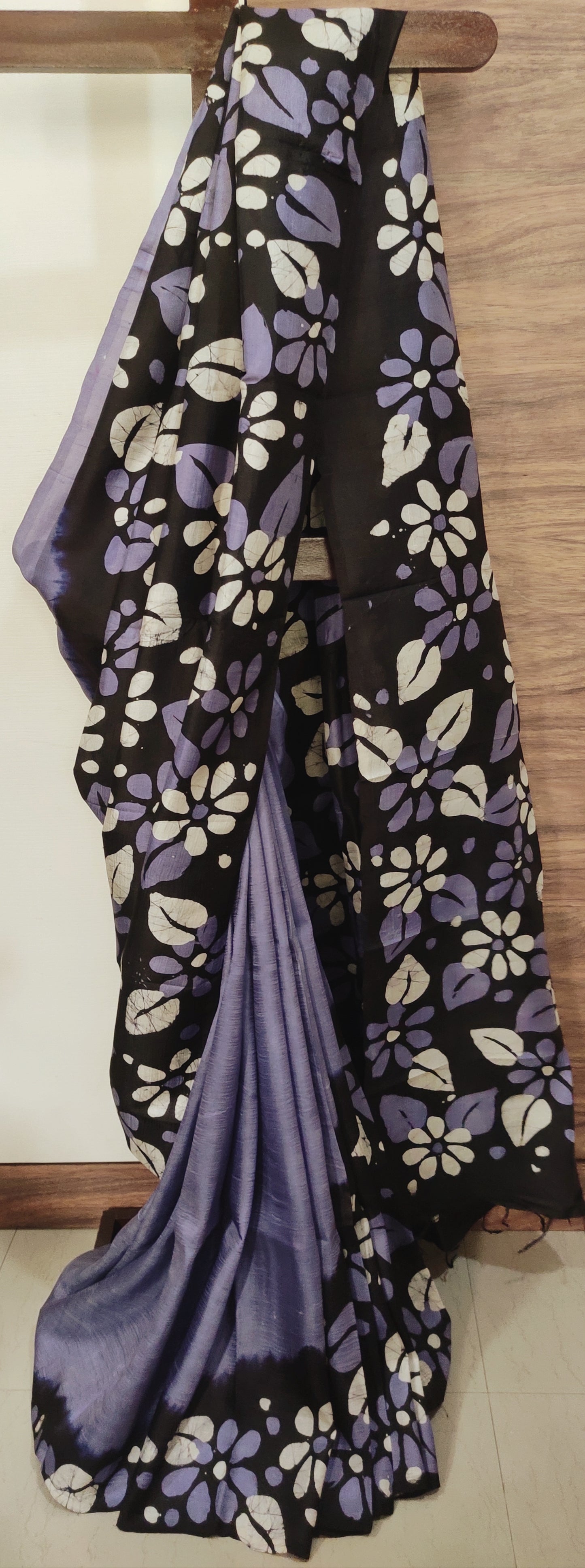 Floral Sandy Blue Hand Batik Pure Silk Saree