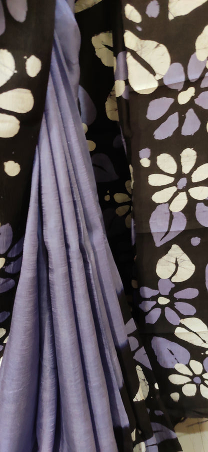 Floral Sandy Blue Hand Batik Pure Silk Saree