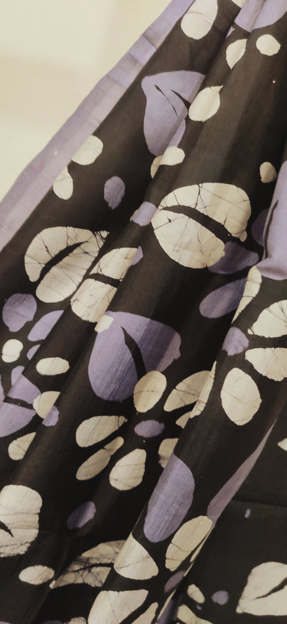 Floral Sandy Blue Hand Batik Pure Silk Saree